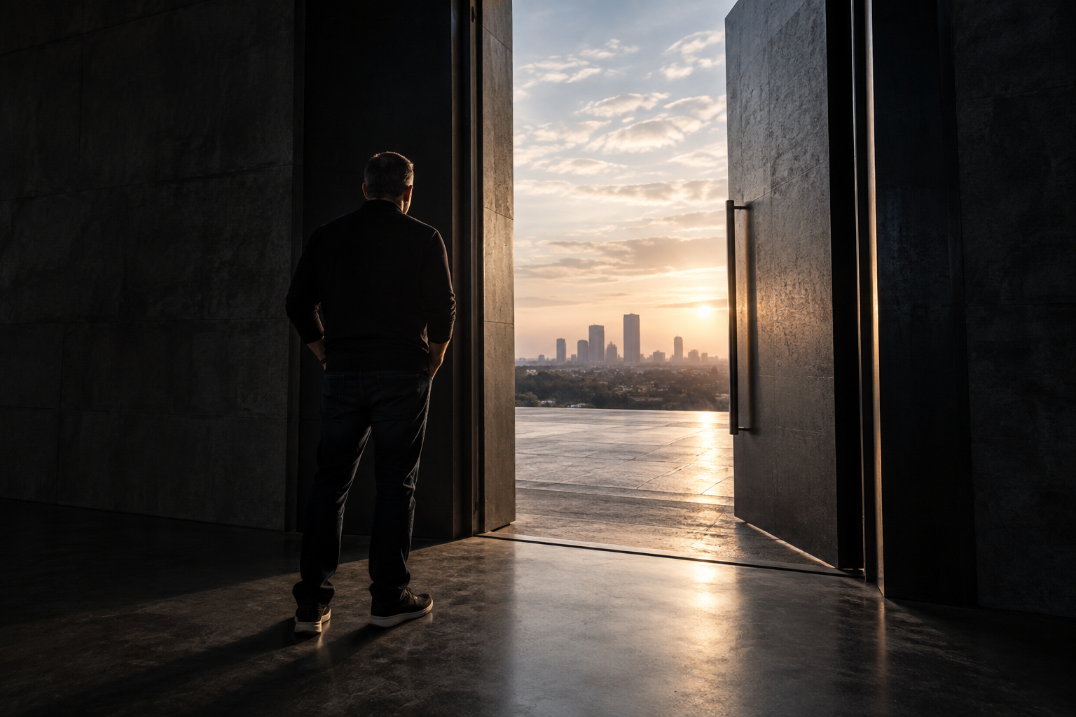 A figure stands at an open doorway looking out toward a city skyline at sunset